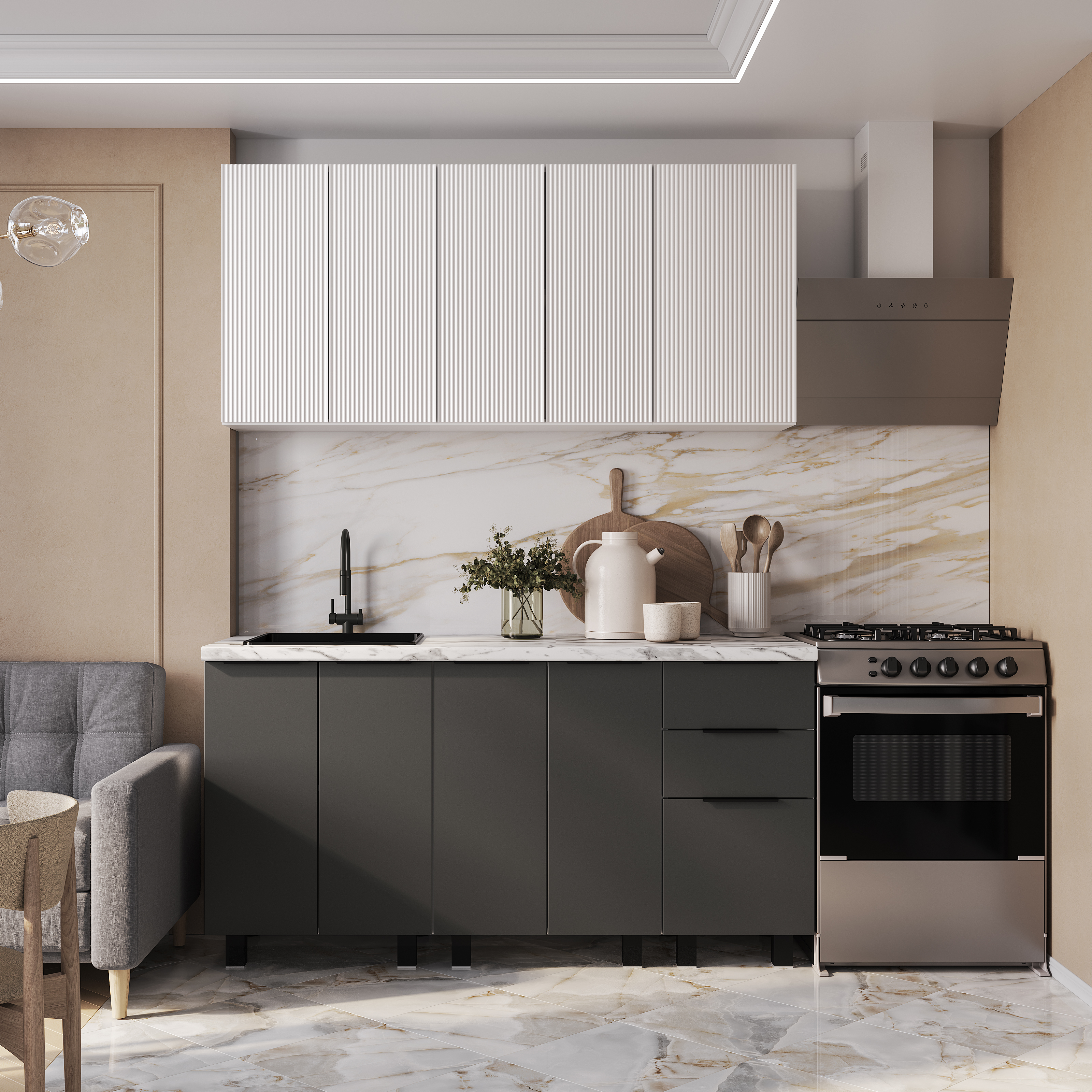 Кухня София 1,6 м графит нубук F24/эмаль белая F26 фото 1